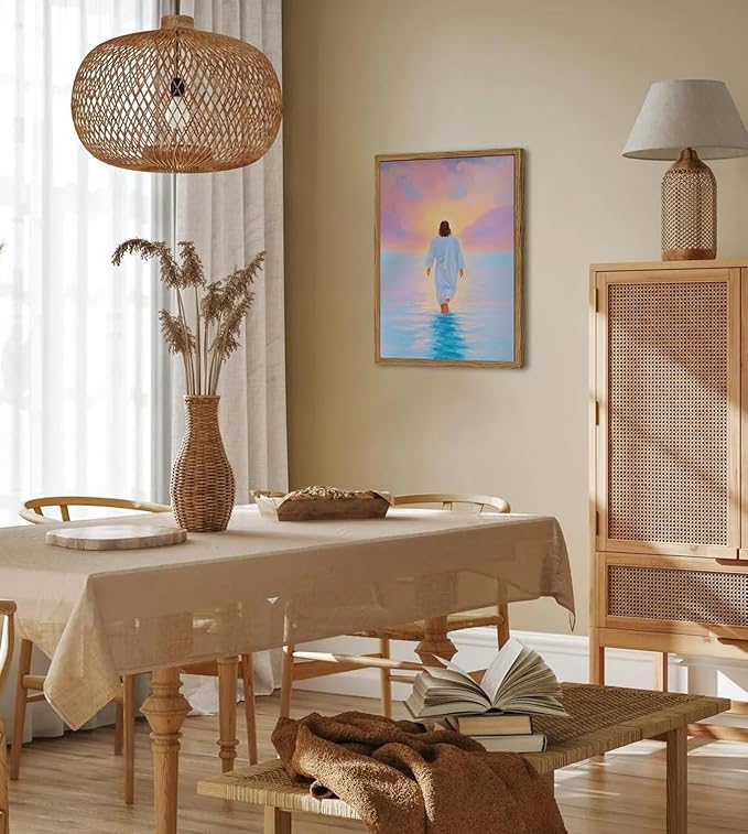 Pink Jesus Walking On Water Wall Art Painting Pink Christian Girl Wall Decor 3D Textured Sandstone Religious Artwork for Living Prayer Room Bedroom 16x24 inch Wood Framed