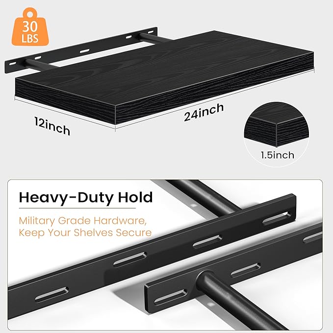 Black Floating Shelves for Wall, 24 Inch Floating Shelves Set of 2, Wall Mounted Rustic Wood Shelf for Bathroom, Living Room, Bedroom and Kitchen, Hanging Shelf for Storage, Books, Home Decor