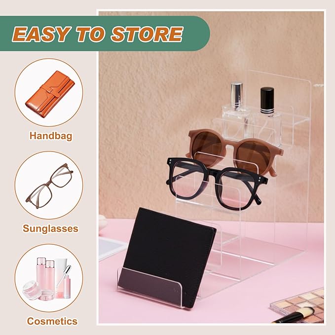 Kathfly 2 Pack 7-Tier Acrylic Wallet Display Stand Clear Purse & Handbag Organizer Riser Shelf for Perfume, Sunglasses, Cosmetics, Jewelry Vendor Display for Craft Fairs, Retail