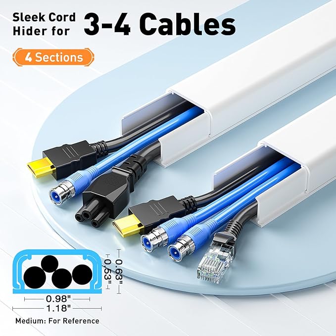Delamu Cord Covers for 3-4 Wires on Wall, 56.7in Cord Hider Wire Covers for Cords on Wall, Self-Adhesive Cable Hider Cable Cover, Easy Set-up TV Cords Hiders Walls, 4X L14.2 W1.18 H0.63in, White
