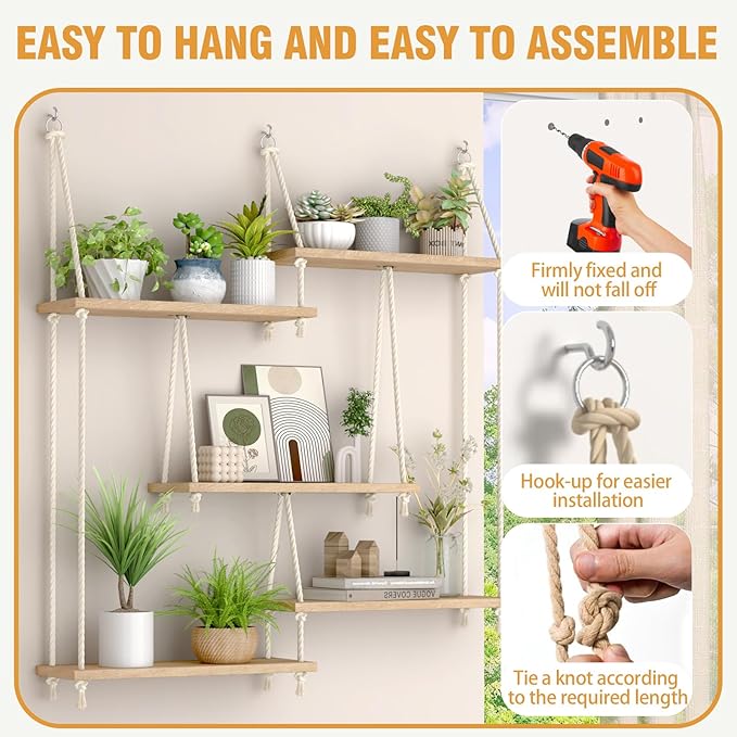 5 Tier Hanging Wall Shelves, Boho Rope Hanging Plant Stand with LED Vine Lights, Rustic Wood Floating Shelves Organizer for Bedroom Kitchen Living Room Wall Decor (Five-Tier Rope Rack)