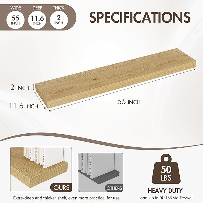 Acovy 55 Inch Floating Shelves, 12" Deep Floating Shelf Wall Mounted, 55" Wall Shelves, Rustic Deep Bookshelf, Extra Deeper & Thicker Display Shelves for Bedroom, Living Room, Oak, Set of 2