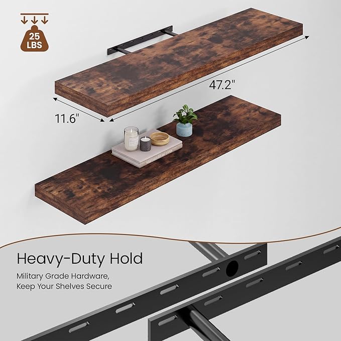 Heimlove 48W x 12D Long Floating Shelf, 12 Inch Deep Floating Shelves for Wall Set of 2, Wood Shelves for Bedroom Living Room Bathroom Kitchen Home Office, Rustic Brown