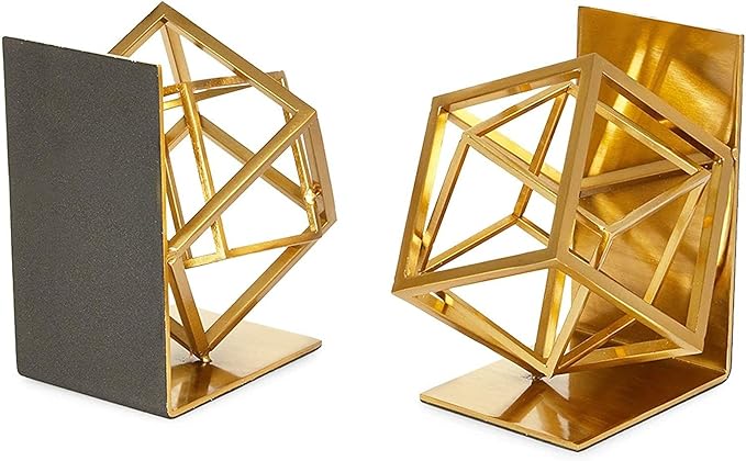 Juvale Gold Bookends - Heavy-Duty Metal Book Ends for Bookshelf Decor - Geometric Square Style for Decorative Books Display for Coffee Table & End Table Decor - 5 x 6 x 3 in, Pack of 2