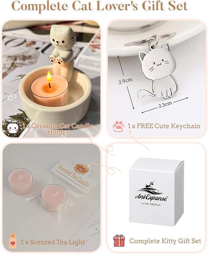 Cat Candle Holder, Cute Cartoon Kitten Scented Candles Candle Lamp, Handmade Ceramic Candlestick,Cartoon Cute Scented Candle Sticks Holder Decor, Gift for Cat Lover - Aromatherapy Candle Included