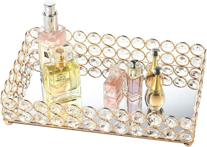 Feyarl 10 Inch Crystal Cosmetic Perfume Tray Vanity Makeup Jewelry Trinket Organizer Mirrored Decorative Tray Storage for Coffee Table Home Deco Wedding Dresser Birthday Gift (Gold)