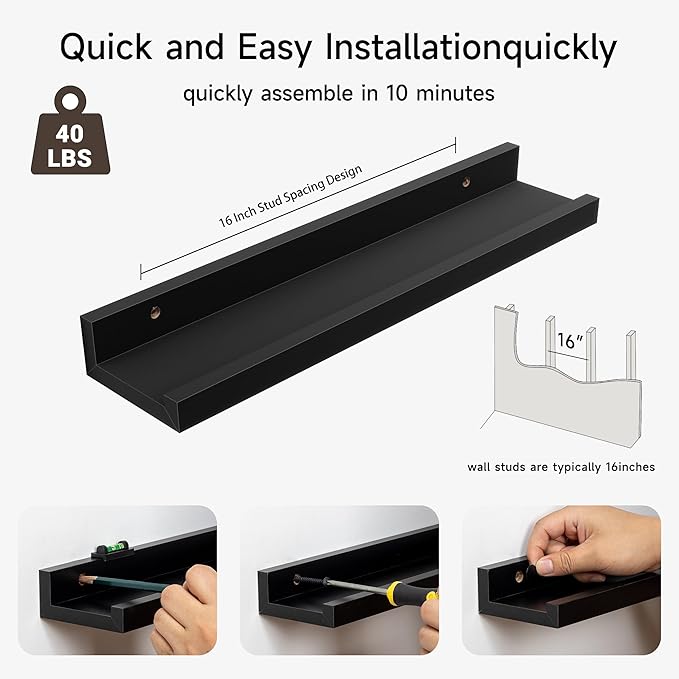 Fun Memories Floating Picture Ledge Shelves, Wall Mounted Wood Storage Shelf for Bedroom, Living Room, Bathroom, Kitchen, Nursery, Display Picture Ledge Shelf Set of 2-16 Inches, Black