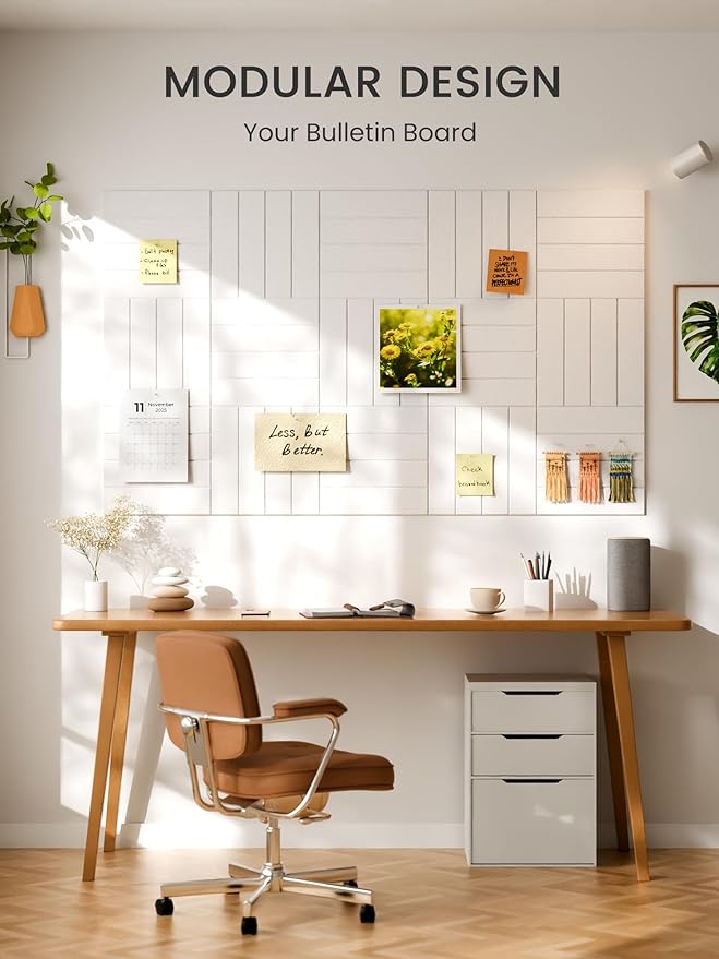 Bumusty Large Cork Board Alternative-48 x 36" Felt Bulletin Board Tiles, with 30 Pushpins, 70 Adhesive Tabs, Bold-Stripe 12-Pack, Cork Boards for Office Push Pin Board Felt Board-Milky White