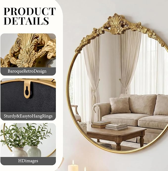 Vintage Baroque Round Wall Mirror 24" Circle Gold Mirror for Bathroom Antique Ornate Carved Frame Accent Mirror for Living Room Bedroom Entryway Vanity