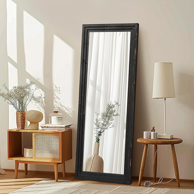 Full Length Mirror 58"x22" Solid Wood Frame Floor Large Mirror for Living Room, Bedroom Hanging or Leaning Wall-Mounted, Black