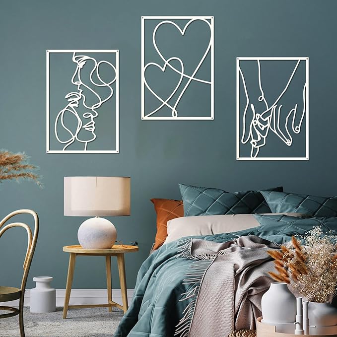 ESTART 3 Pieces Metal Minimalist Line Wall Art, Valentine's Day Lover Kiss Hand Metal Wall Decor, Aesthetic Modern Home Hanging Wall Art Decor for Bedroom Living Room (White)
