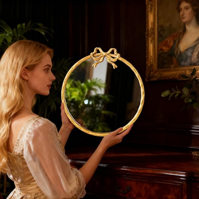 12 Inch Round Gold Mirror, Vintage Gold Mirror, Round Mirrors for Wall Decor, Antique Ornate Metal Circle Mirror with Baroque Bow for Bathroom Vanity Bedroom, Spring Women's Gift