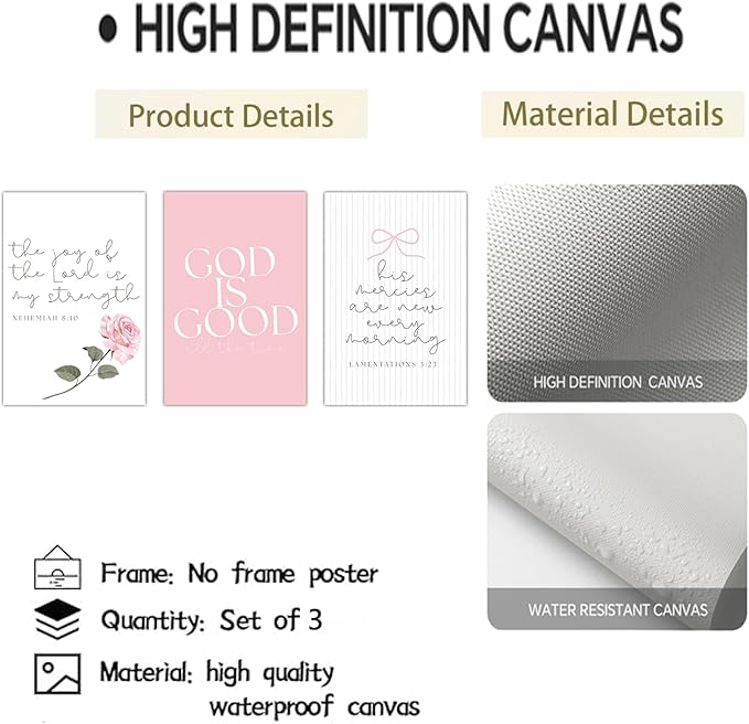 3Pcs Pink Christian Canvas Wall Art Coquette Bow Poster Print Aesthetic Picture Preppy Painting Wall Decor For Girls Bedroom Bathroom or Dorm 16x24in Unframed