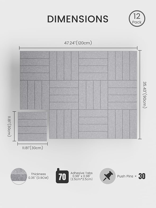 Bumusty Large Cork Board Alternative-48 x 36" Felt Bulletin Board Tiles, with 30 Pushpins, 70 Adhesive Tabs, Bold-Stripe 12-Pack, Cork Boards for Office Push Pin Board Felt Board-Soft Gray