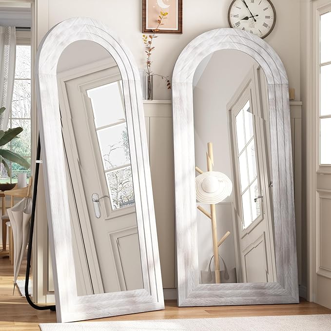 ZHUNFA Arched Full Length Mirror with Solid Wood Frame, 65x22 Farmhouse Wall Mirror Full Length with Stand, Vertical Hanging, Leaning Standing for Bedroom, Living Room, Rustic White