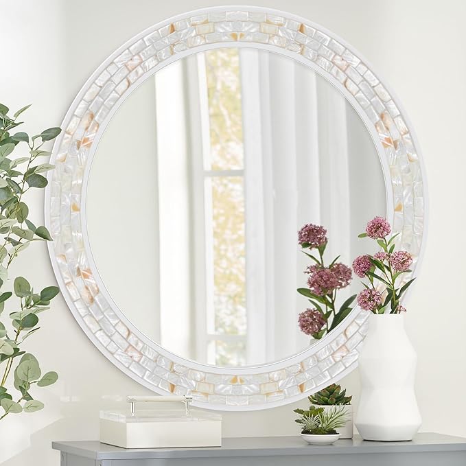 Tanmicoshomy 36 Inch Large Round Mirror, Natural Shell Inlay Framed Large Circle Mirrors with Shatterproof Glass for Bathroom Bedroom Living Room or Entryway (White)