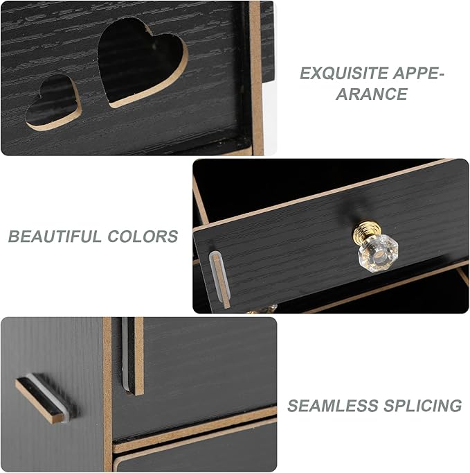 Cabilock Wooden Desk Cosmetic Organizer Rustic Makeup Storage Box with Drawer Mirror Countertop Makeup Case for Stationery Office Bathroom Dressing Table Black