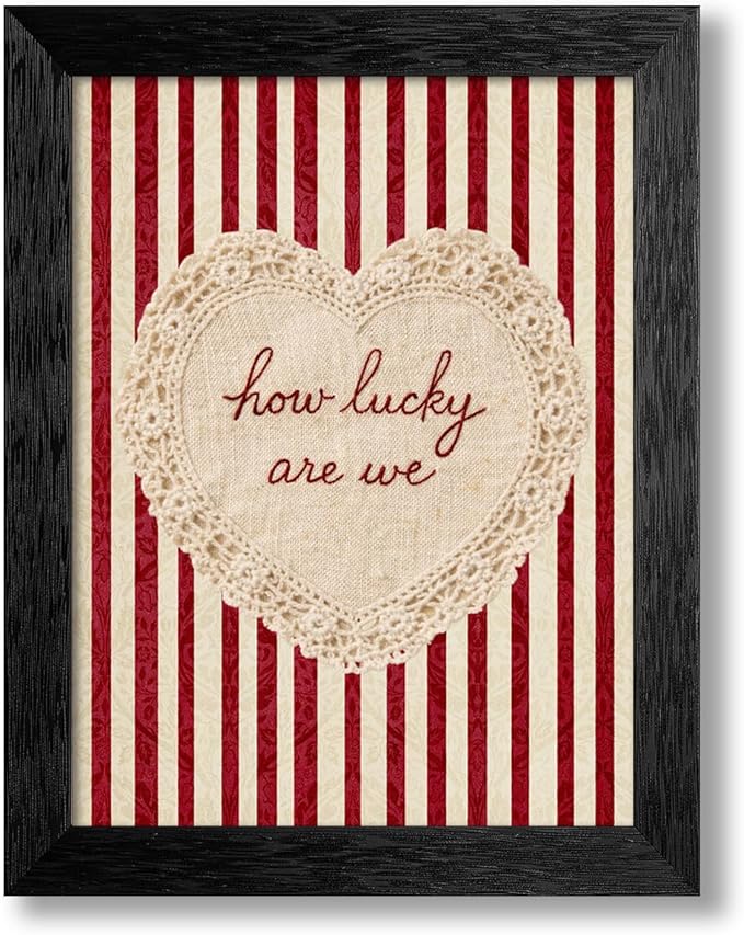 How Lucky Are We Wall Art 08x10 inch Black Framed Red Stripe Affirmation Quotes Poster Coquette Love Lace Heart Canvas Print Fashion Preppy Aesthetic Wall Decor Valentines Day Couple Gift