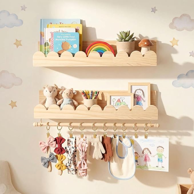 Qunclay 2 Pcs Nursery Floating Shelves Headband and Bow Holder with Rod Wall Mounted Wood Shelves Nursery Decor for Wall Home Organization Kitchen Living Room Bathroom Storage Decor