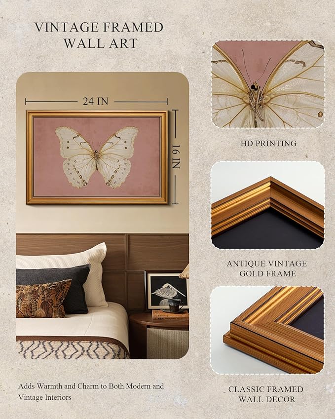 InSimSea Gold Framed Canvas Prints Wall Art, Vintage Bathroom Decor, Moody White Butterfly Paintings Farmhouse Large Wall Decor Aesthetic, Retro Pictures for Bedroom Living Room, 16x24inch