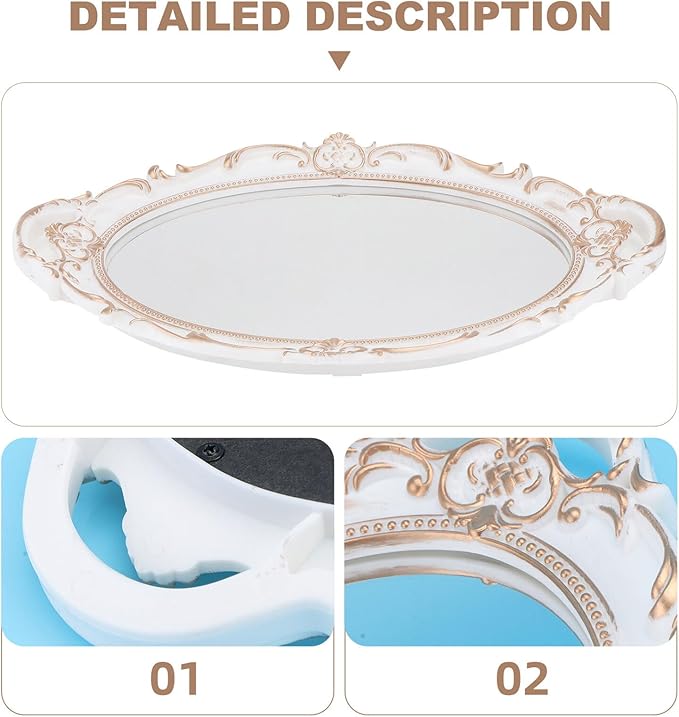 Oval Vintage Decorative Mirror Tray for Jewelry and Makeup Organizer Antique Style Photo Prop and Serving Display Elegant White Vanity Tray for Home and Events