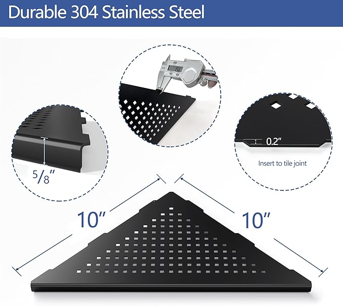 Neodrain 10 Inch Corner Matte Black Wall Shelf Set of 2, Floating Corner Shelves for Wall, 304 Stainless Steel Storage Shelves for Bathroom,No Drilling