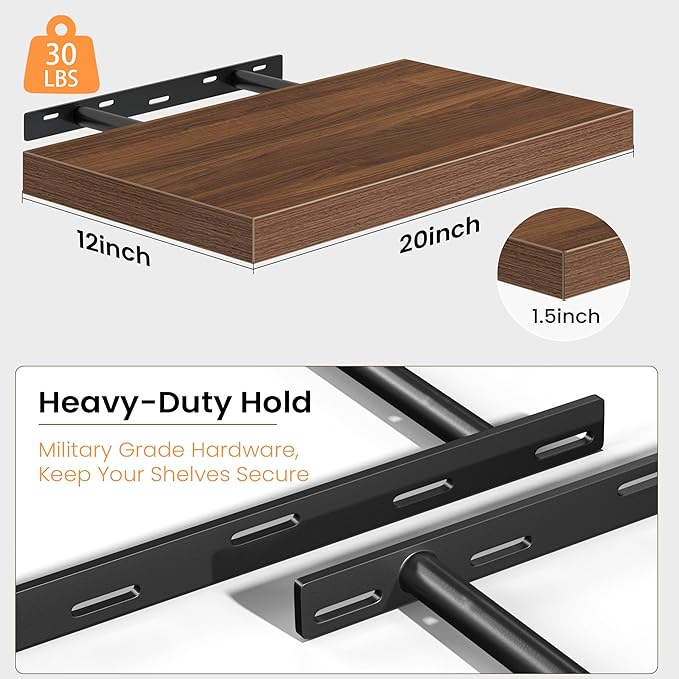 Floating Shelves Set of 2, 12 Inch Deep Floating Shelves with Heavy Duty Brackets, 20'' Rustic Wood Wall Mounted Shelf for Bathroom, Bedroom, Living Room & Kitchen, Modern Home Decor Storage, Walnut
