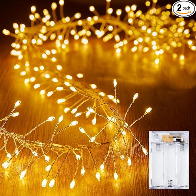 2 Pack 10 Ft Battery Operated Fairy Lights, 120LEDs Firecracker String Lights, Silver Wire Starry Firefly Light for Bedroom Home Wedding DIY Wreath Indoor Outdoor Christmas Decorations, Warm White