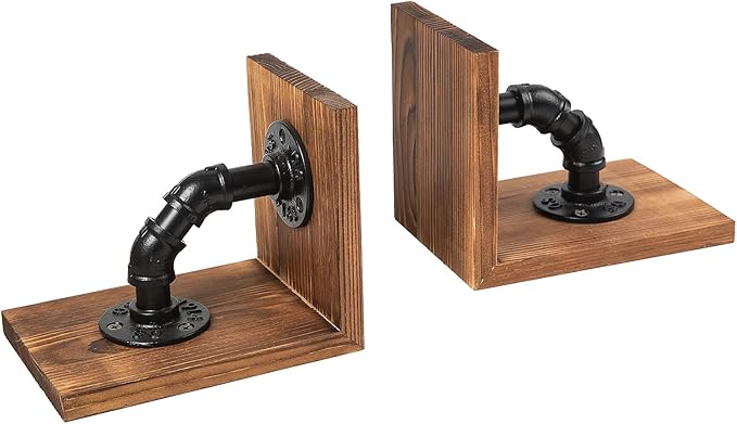 Rustic Decorative Wooden Tabletop Farmhouse Bookends for Heavy Books with Modern Industrial-Style Pipe Office Desktop Bookshelf Organizers Stoppers Holder Nonskid Shelf Decor 1-Pair (Brown)