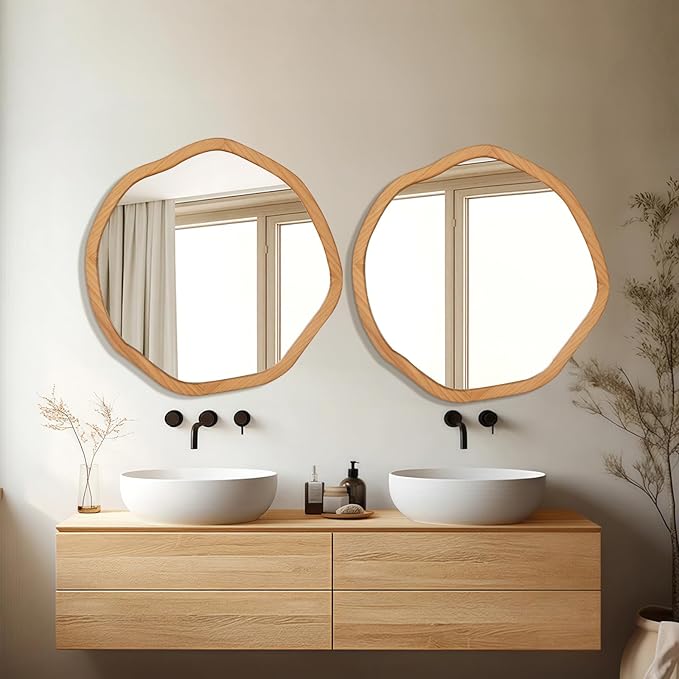 ULIKE Round Wood Mirror, 24 Inch Irregular Circle Vanity Wall Mirror with Wooden Frame, Rustic Decorative Wall Mount for Bathroom Bedroom Living Room Entryway, Natural