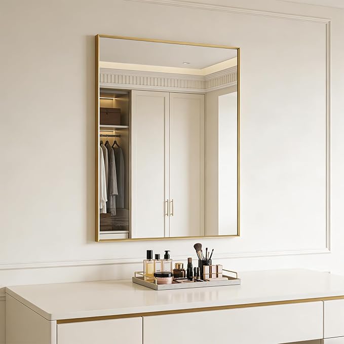 Bathroom Mirror for Wall, 30x40 Inch Metal Framed Mirror, Brushed Gold Rectangle Mirror, Bathroom Vanity Mirror Farmhouse, Tempered Glass, Anti-Rust, Hangs Horizontally or Vertically