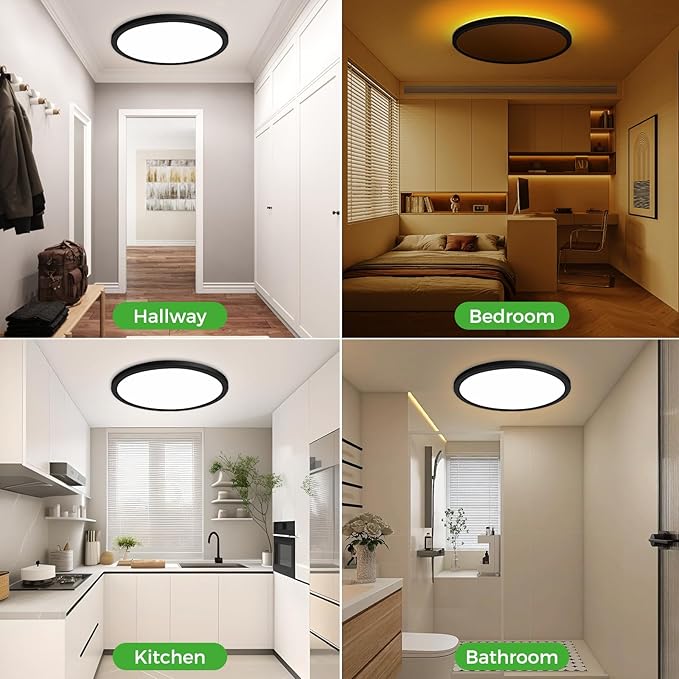 zemty 12 Inch LED Ceiling Light with Night Light 1800K, 2 Pack Dimmable Ceiling Lights with Remote Control, Low Profile for Bedroom, Living Room, Kitchen - Black