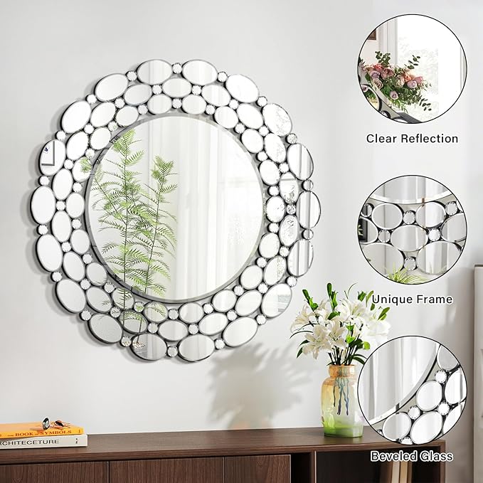 32" Large Round Wall Mirrors, Modern Silver Mirror for Wall Decor, Elegant Decorative Mirror for Entryway, Living Room, Bedroom, Bathroom, Dining Room