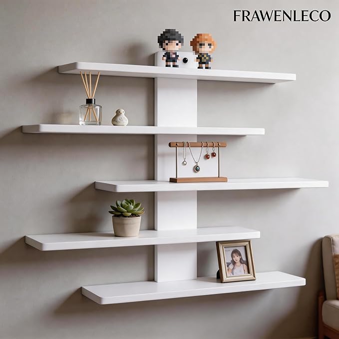 No Drill Floating Shelf for Wall, 5-Tier Wall Mounted Organizer, Damage-Free Display Shelf for Collectibles, Figures, Bathroom Kitchen Storage, White
