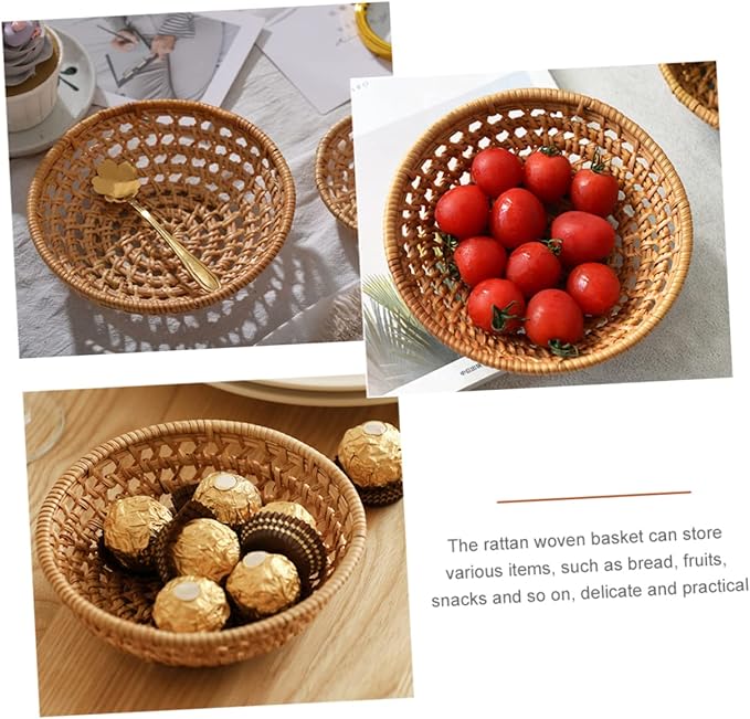 IMIKEYA 3pcs Multi-function Woven Fruit Basket Decorative Storage Tray for Kitchen Counter Entryway Dining Table Natural Rattan Design for Snacks Bread and Household Items