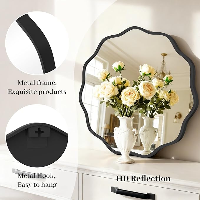 HOMECOOKIN 24 Inch Wavy Round Wall Mirror, Round Wavy Wall Mirror with Aluminum Frame for Bathroom Upgrades, Hotels, Dressing Tables,Farmhouses