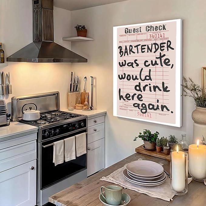 Framed Fun Bar Canvas Wall Art Bar Cart Accessories and Decor Trendy Preppy Black White Retro Guest Check Wall Decor Vintage Canvas Artwork for Home Kitchen Wall Decoration 16x24inch, Ready to Hang