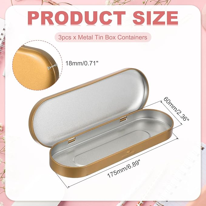 uxcell 3pcs Metal Hinged Tins Box, 6.9x2.4x0.7 Inch Rectangular Empty Tin Box Portable Pencil Containers for Pen Makeup Brushes Home Organizers, Champagne Gold