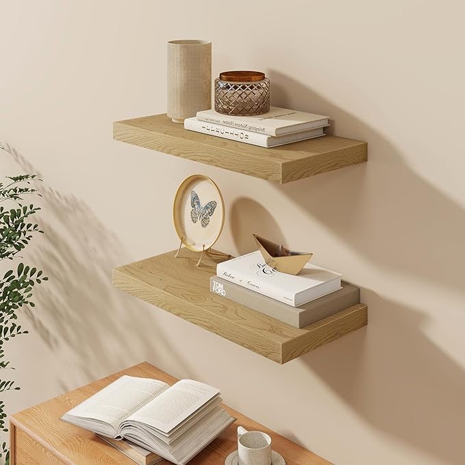 Fun Memories Floating Shelves 24 Inch Long, 9.3 Inch Deep Floating Shelf for Lving Room, Bedoom, Kitchen, Deep Wall Shelves for Bathroom, 2 Pack Storage Display Shelf for Books, Decors, Oak
