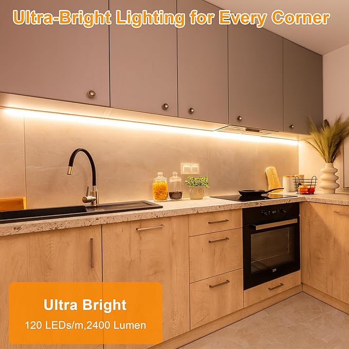 maylit Under Cabinet Strip Lighting Plug in 60in, Ultra Bright Small LED Light Bar, 2700K Warm White, Wired Lights for Kitchen Cabinet, Counter, Workbench, Desk, Closet, Shelf, Indoor