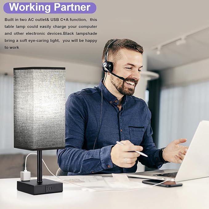 aooshine Black Lamp for Bedroom-Touch Lamp with USB-C+A and AC Outlets,3 Way Bedside Nightstand Square Table Lamp for Kids, Guest Room Living Rroom,Office, 800 Lumens 5000K Daylight Bulbs Included