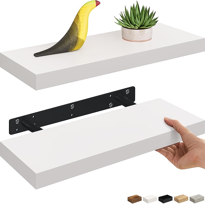 Ballucci Floating Shelves, 2-Pack 16" Wood Wall Shelf Set with Invisible Brackets for Bathroom, Living Room, Bedroom, Kitchen, Nursery, 6" Deep, White