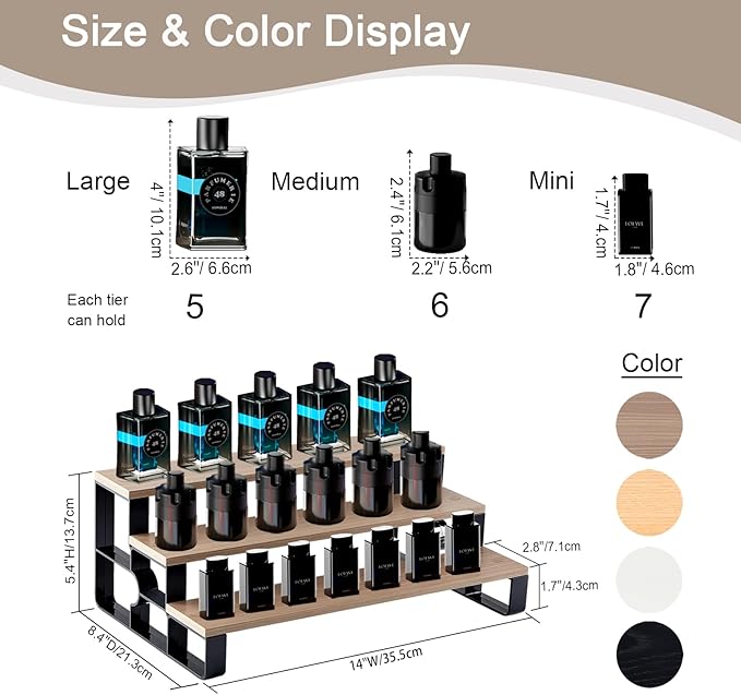 Perfume Stand Organizer for Men,3 Tier Display Riser,Display Shelf for Bedroom,Dresser,Wooden Shelf Cologne Stand for Party,Makeup,Figures,Cupcake,Dessert,Gift(Walnut,Width=14")