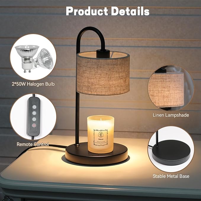 FINCMY Candle Warmer Lamp with Timer, Dimmable Candle Wax Warmer Candle Lamp Warmer for Scented Candles with 2 Bulbs, Mothers Day Gifts Birthday Gifts for Women Home Decor - Linen