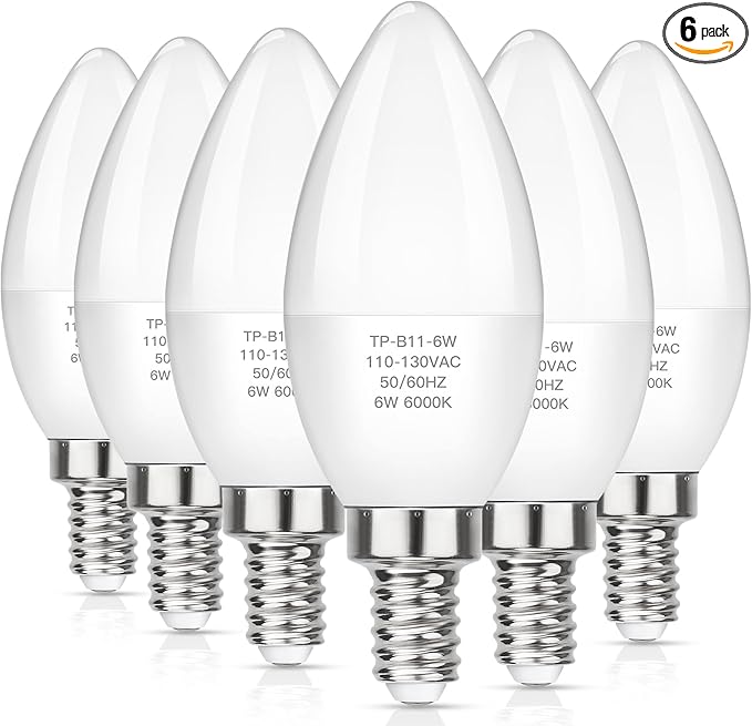MAXvolador E12 LED Candelabra Light Bulbs 60W Equivalent, Cool White 6000K 600 Lumens Chandelier Bulb, 6W B11 Candle Base, Non-Dimmable, Pack of 6