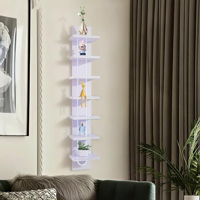 VIWODS 7 Tier Wall Shelf Unit with Light-Small Floating Shelves for Home Decor, Modern Unique Asymmetric Design for Bedroom & Living Room Storage
