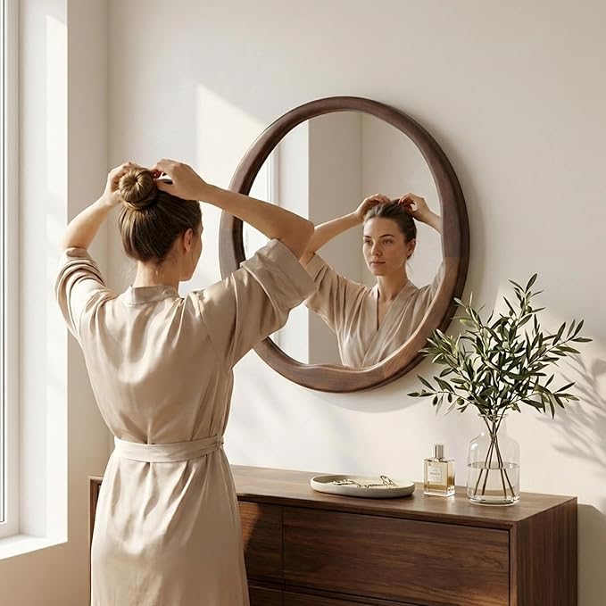 Dark Walnut Round Wall Mirror 24 Inch, Solid Wood Framed Mirror with Asymmetrical Wavy Inner Edge for Entryway, Organic Decor for Hallway & Bathroom