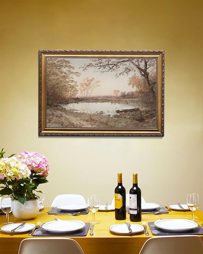 KBKBART Vintage Framed Wall Art for Living Room, French Country Decor Retro Rivers Muted Autumn Pond Landscape Oil Painting, Neutral Farmhouse Decor, Gold Framed Canvas Print, 16"x 24"