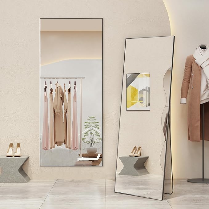 Mirror Full Length, Upgraded Body Wall Mirrors with Shatter-Proof Glass, Floor Standing, Hanging or Leaning, Tall Mirror with Stand Aluminum Alloy Frame for Bedroom