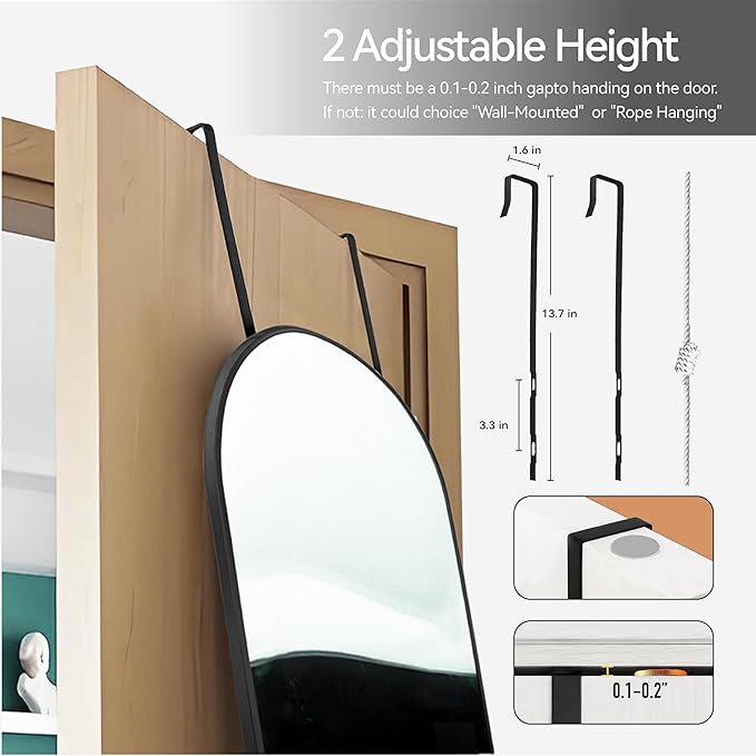 SCWF-GZ 57x16 Door Hanging Full Length Mirror, Floor Stand (Height 5.7ft just Body in1.3ft) / Wall Mounted Metal Frame Arch Dressing Mirrors for Bedroom Living Room 57 inch Black